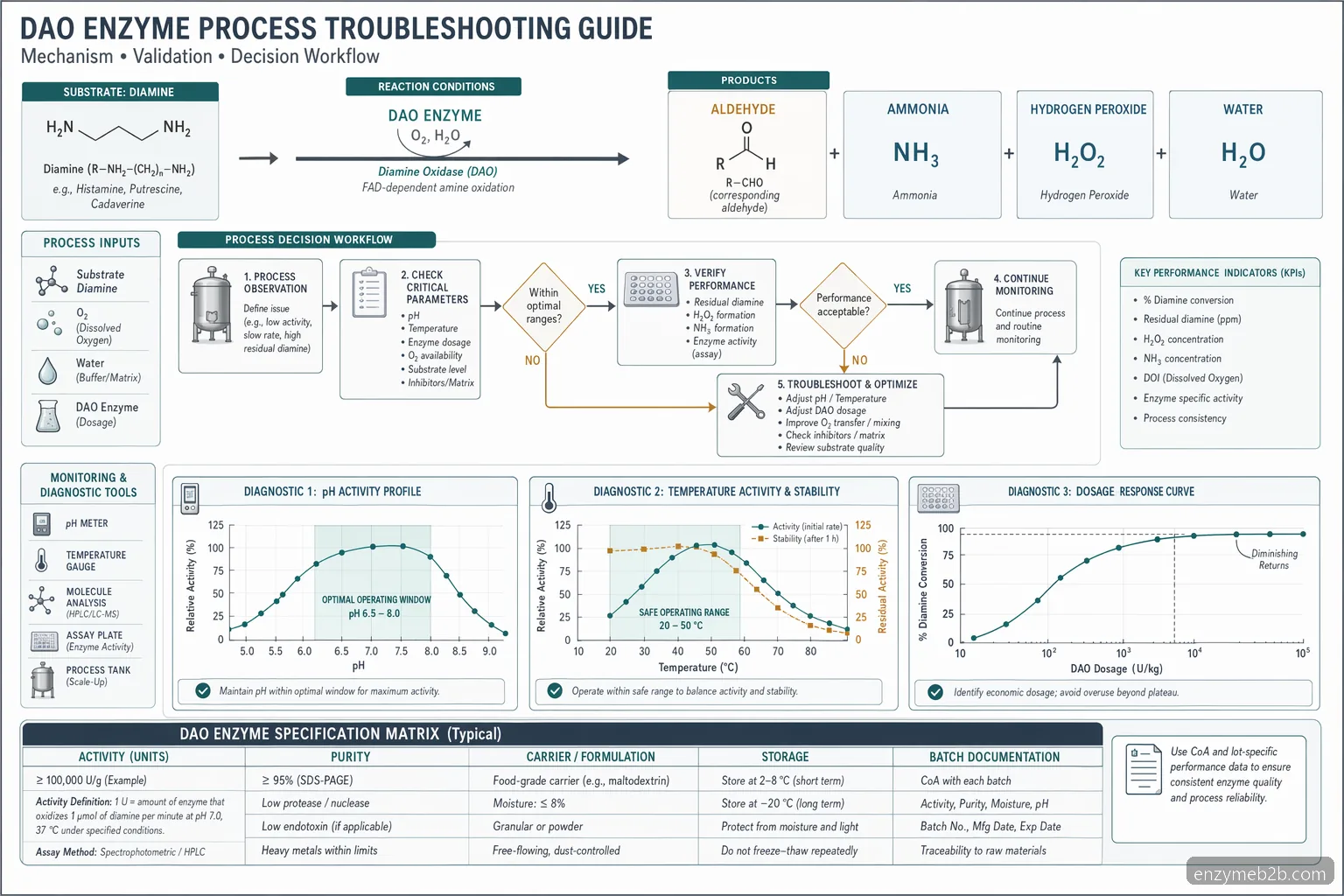 dao enzyme supplier industrial troubleshooting diagram with pH, temperature, dosage, and diamine oxidation checkpoints