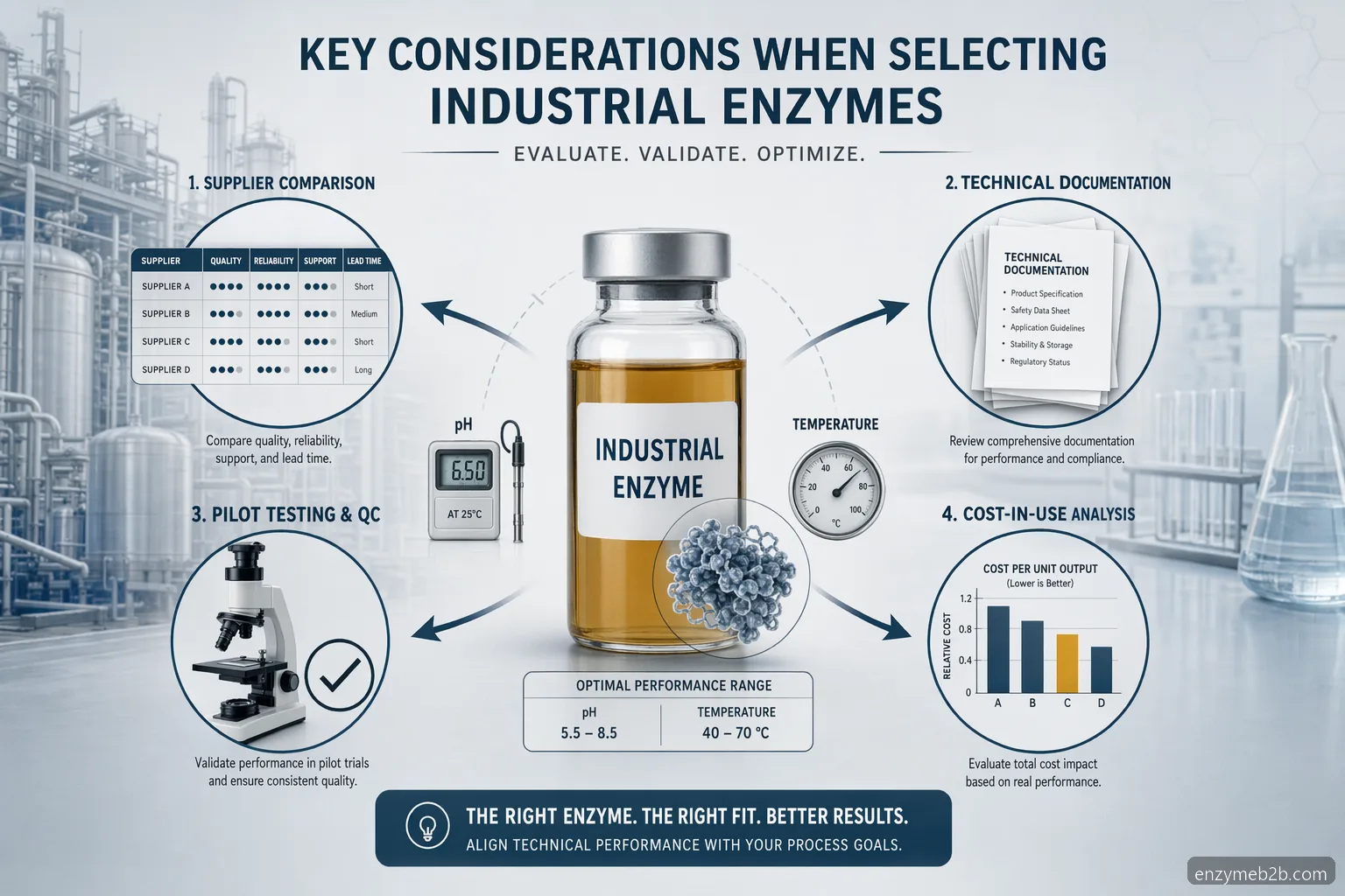 enzyme supplier contact for industrial formulations, showing supplier comparison, documents, pilot QC, and cost-in-use