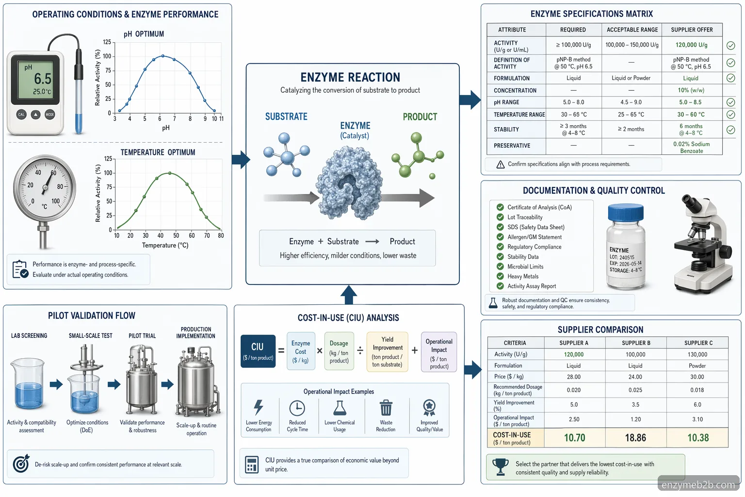 enzyme supplier quote request process diagram mapping process conditions, pilot validation, QC checks, and supplier comparison