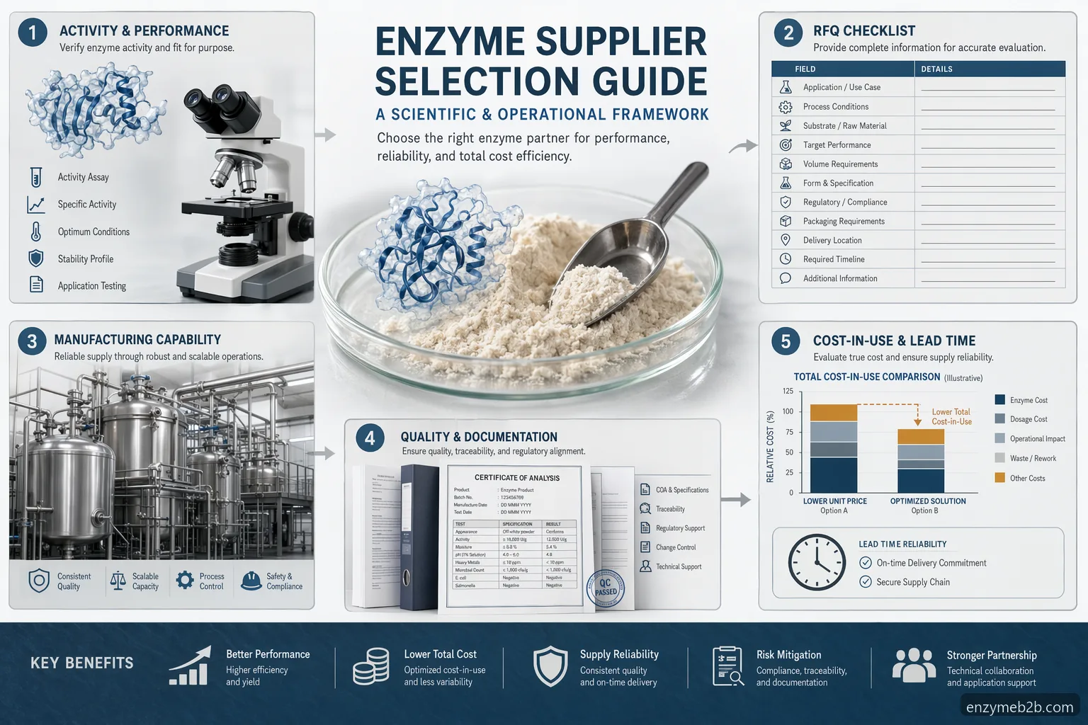 enzyme supplier quote request guide showing activity specs, QC documents, lead time, and cost-in-use comparison