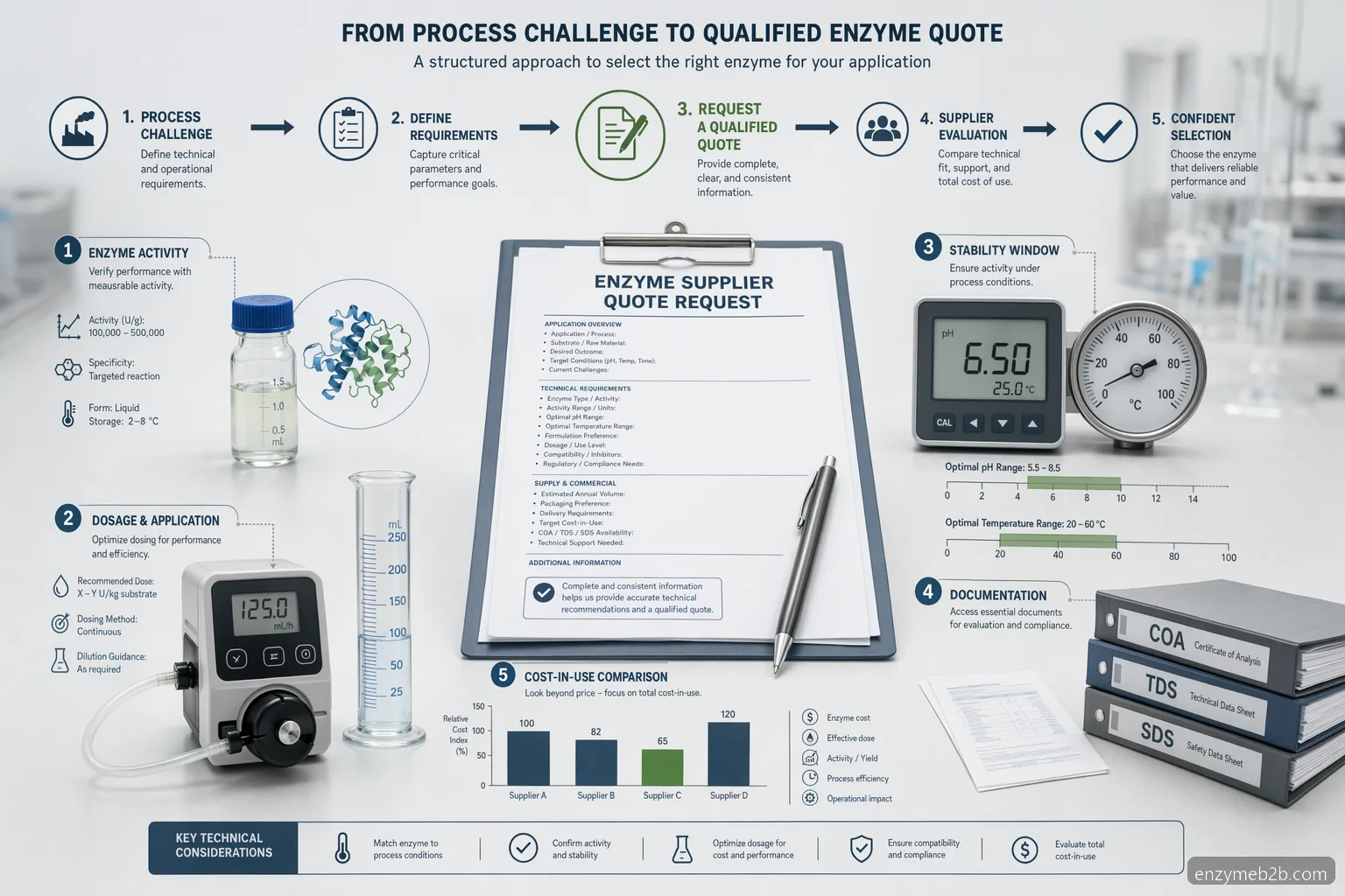enzyme supplier quote for general industrial applications, infographic showing dosage, pH, temperature, documents, and cost