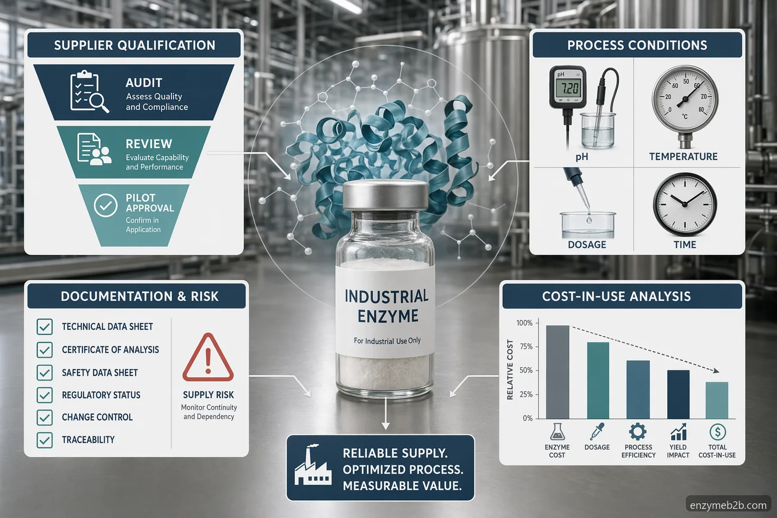 enzyme supplier Industrial Enzyme Marketplace infographic showing sourcing, process fit, documentation, and cost-in-use checks