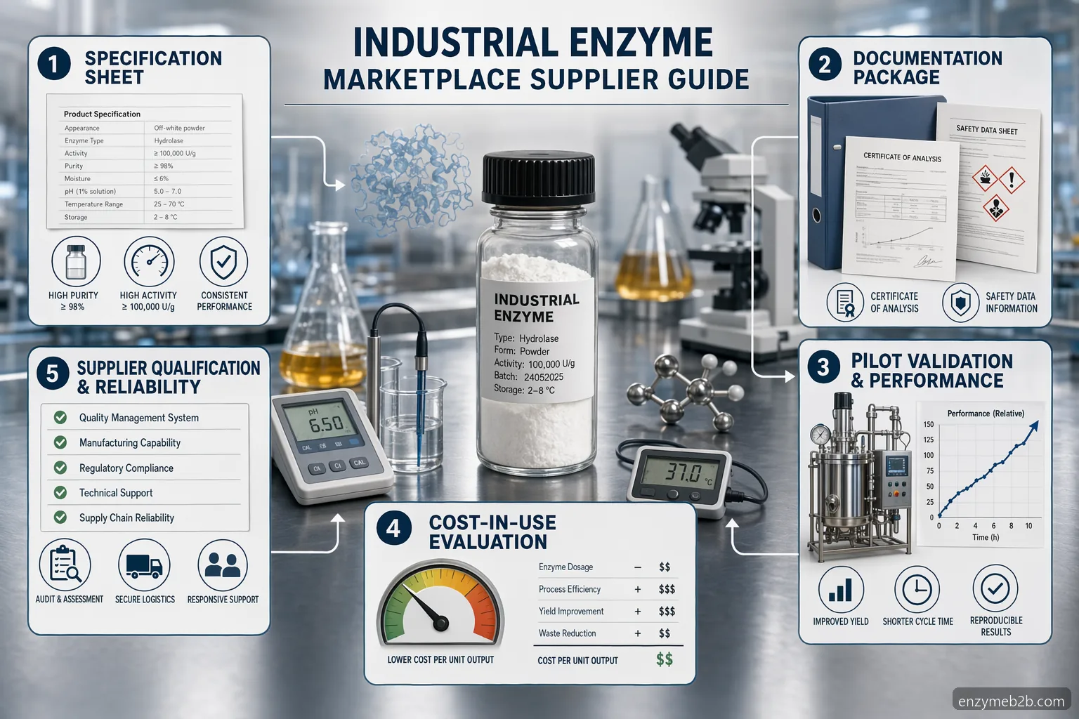 enzymes supplier Industrial Enzyme Marketplace Supplier Guide infographic comparing specs, documents, pilot tests, and qualification
