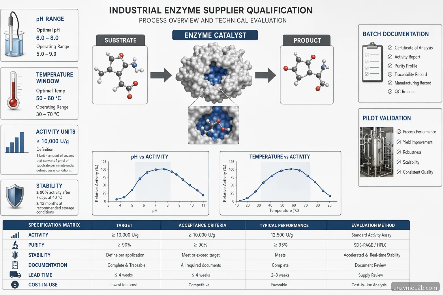 high activity enzyme supplier industrial specification checklist showing pH, temperature, substrate, and validation flow