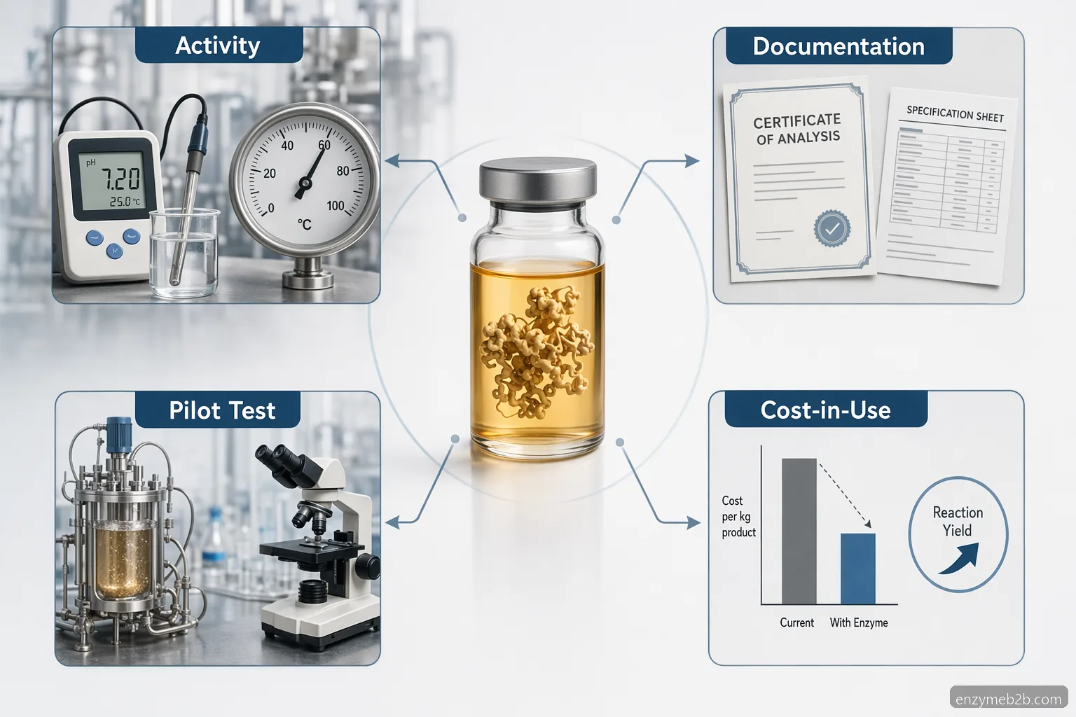 high activity enzyme supplier industrial specification checklist with activity, documents, pilot, and cost-in-use icons