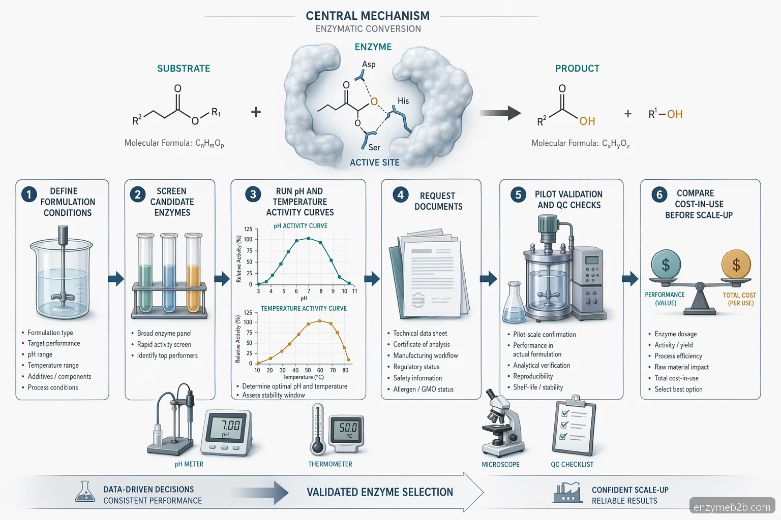 industrial enzymes supplier selection diagram, mapping pH and temperature trials to activity, QC validation, and scale-up risk