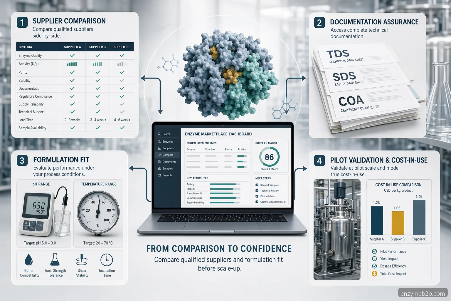 industrial enzymes supplier marketplace for formulations, showing supplier comparison, documents, QC, and cost-in-use checks